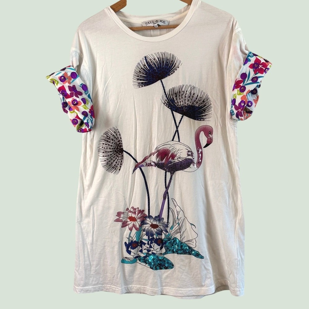 Paul & Joe T-Shirt White Womens L Flamingo Beaded Sequin Floral Whimsical Fun